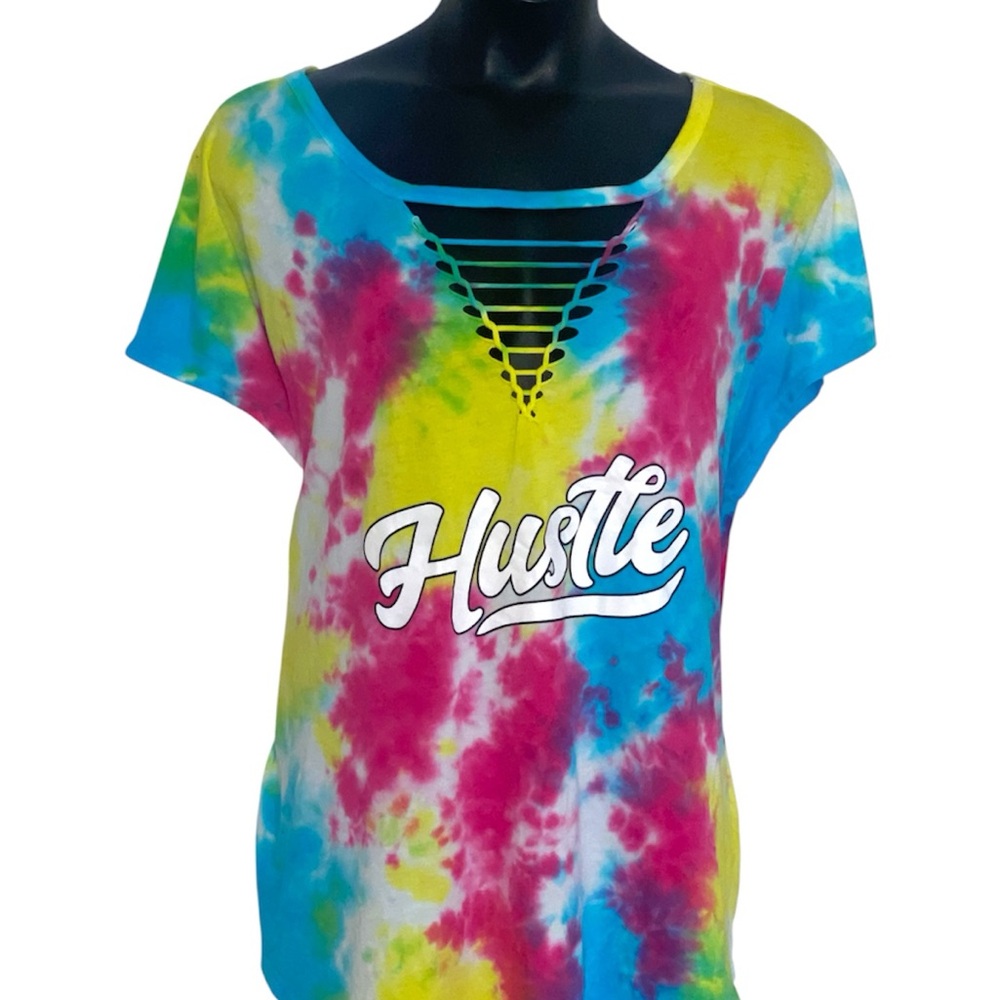 Hustle Tie-Dye Short Sleeve Tee with Ladder Cutout - Multicolor